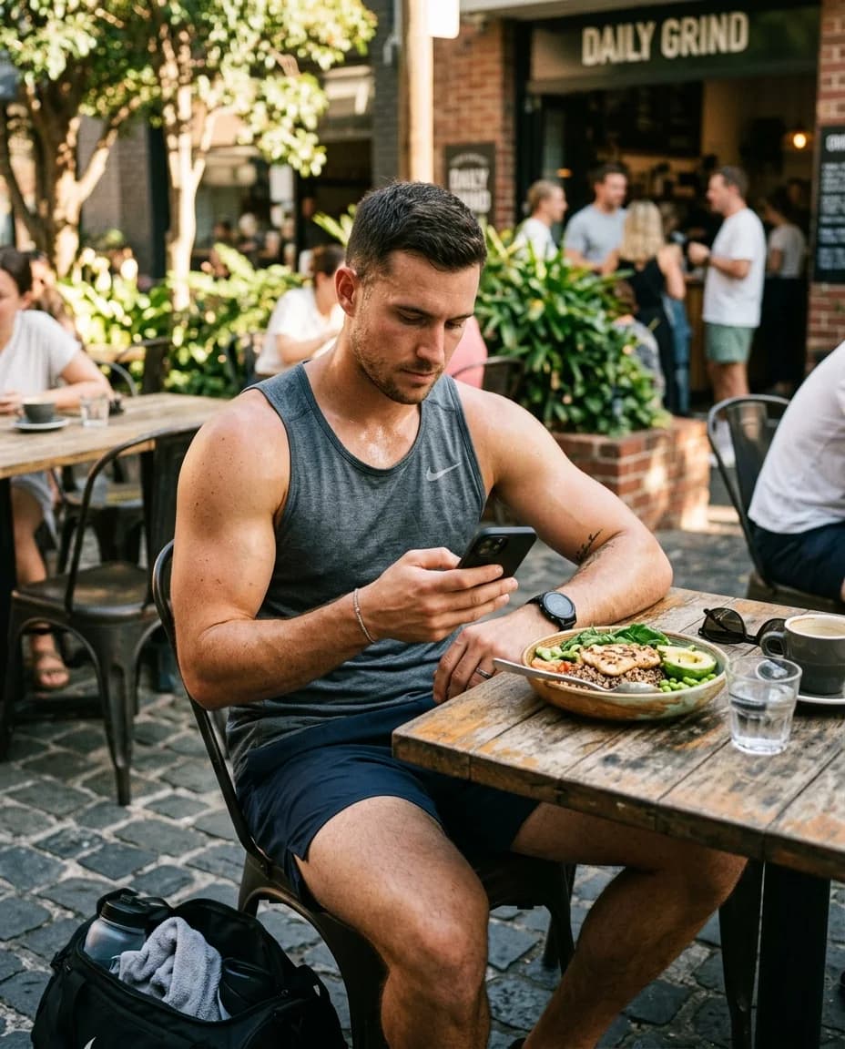 Man checking his phone next to a protein bowl after the gym