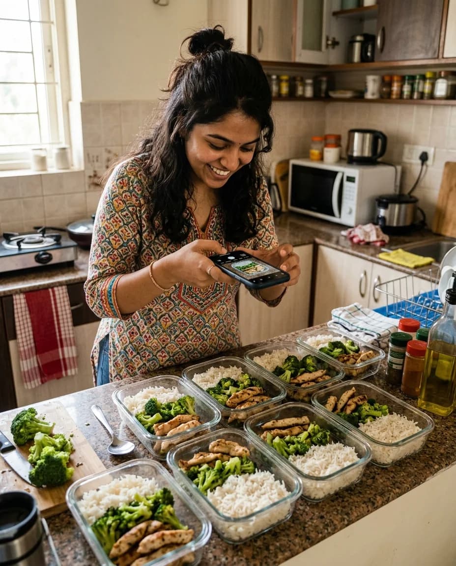 Woman photographing meal prep containers on a kitchen counter