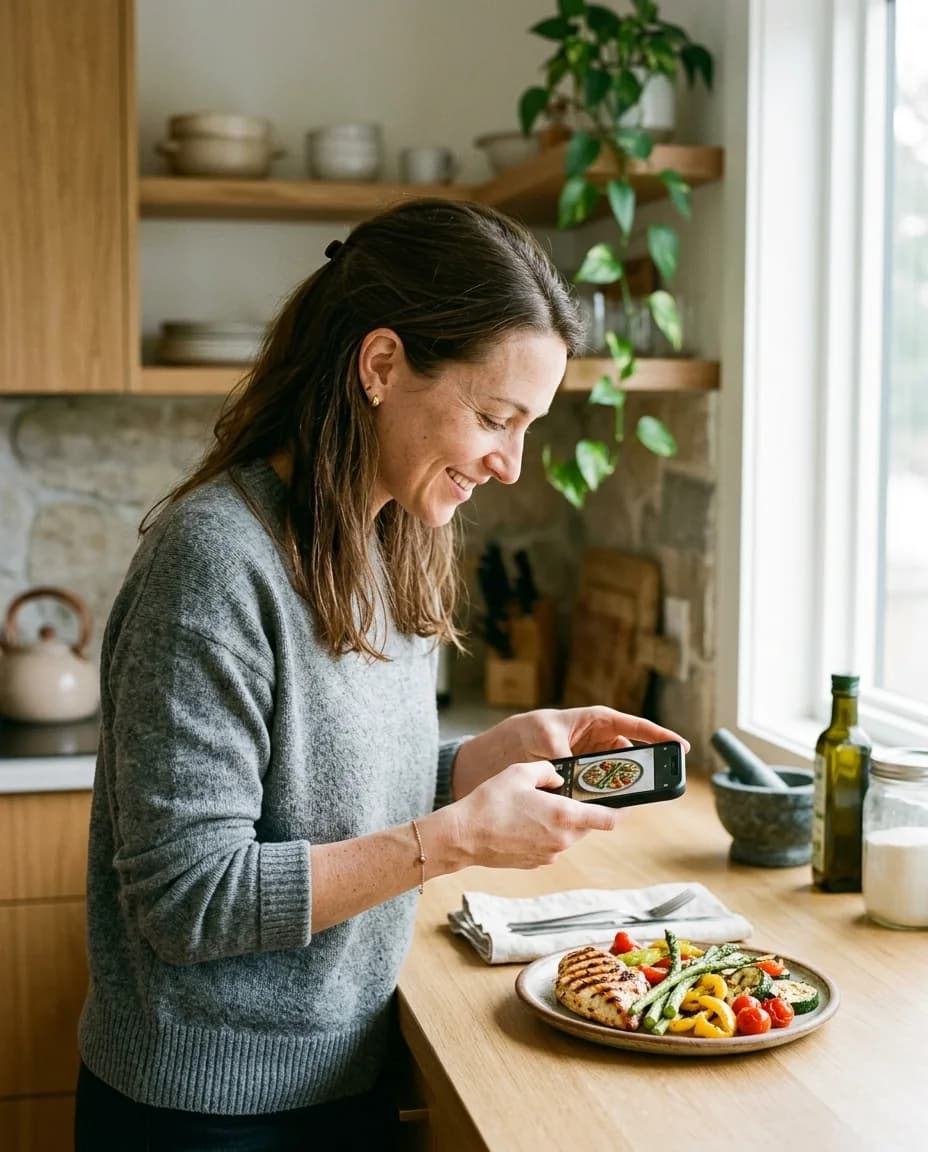Woman photographing her lunch with her phone